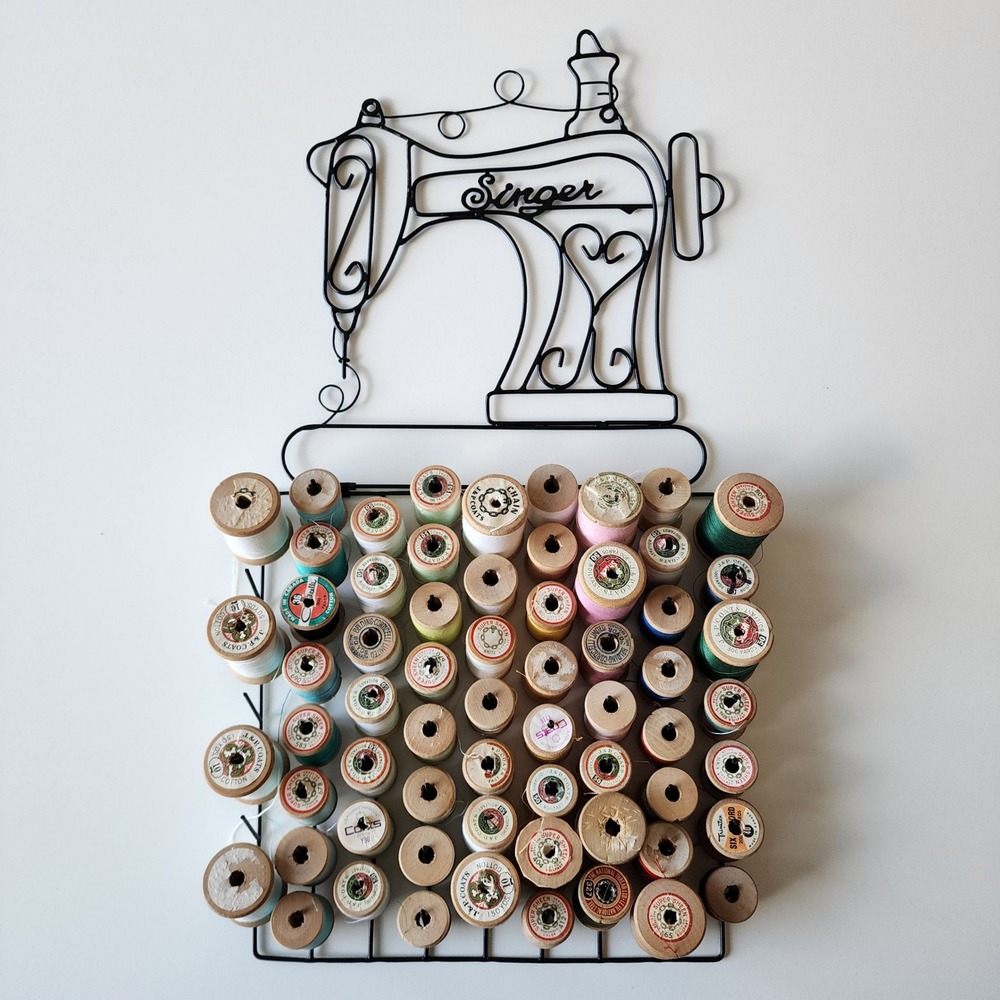 Singer Sewing Machine Wire Spool Holder Organizer Rack Vintage Wooden Spools Art
